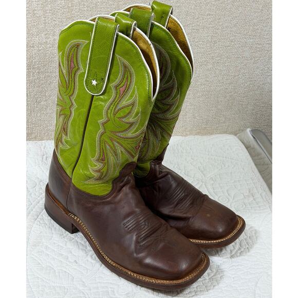 Tony Lama Men’s 8B Green Brown TL3031 Leather Western Cowboy Boots Handmade - Picture 1 of 11